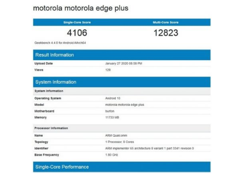 据称摩托罗拉Edge + Geekbench列表显示12GB RAM