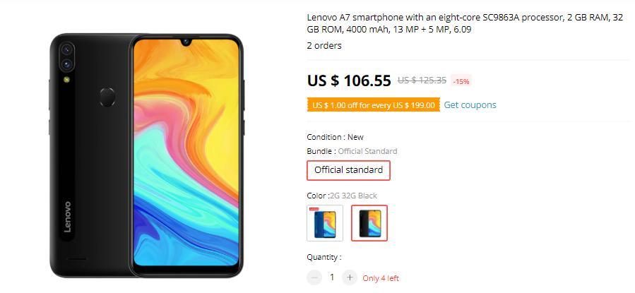 联想A7现在可以在全球速卖通上以107美元的价格购买