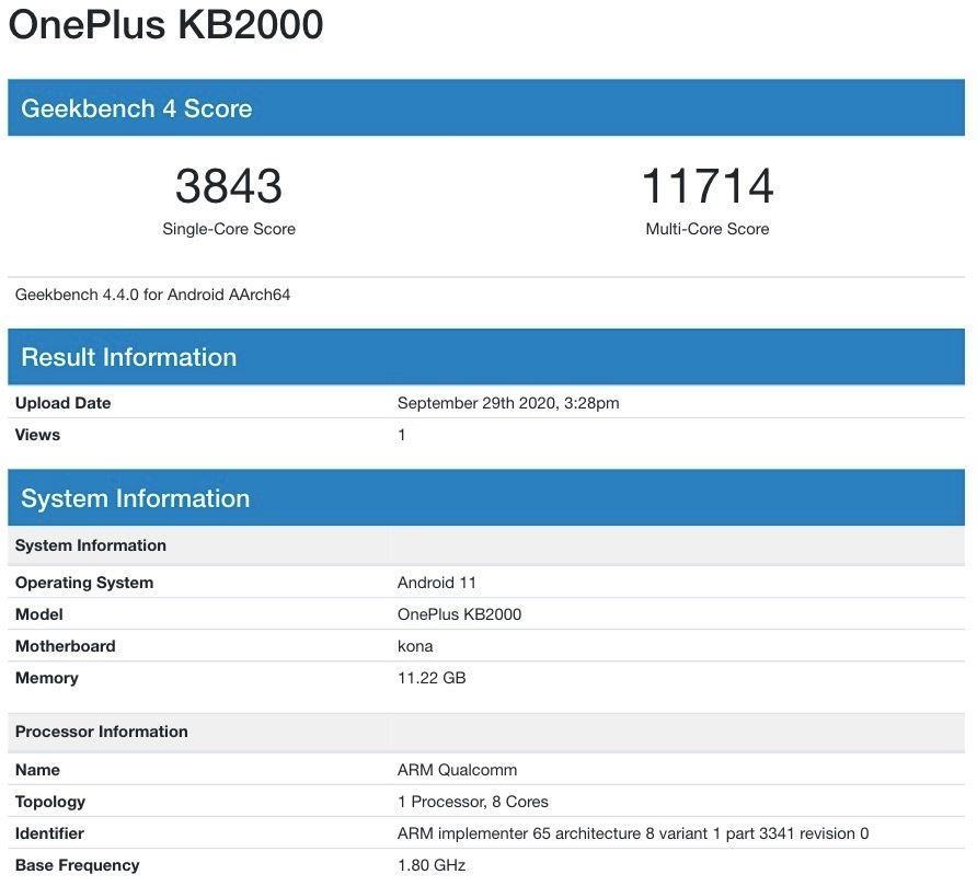 配备12GB  RAM和Android  11的OnePlus  8T出现在Geekbench