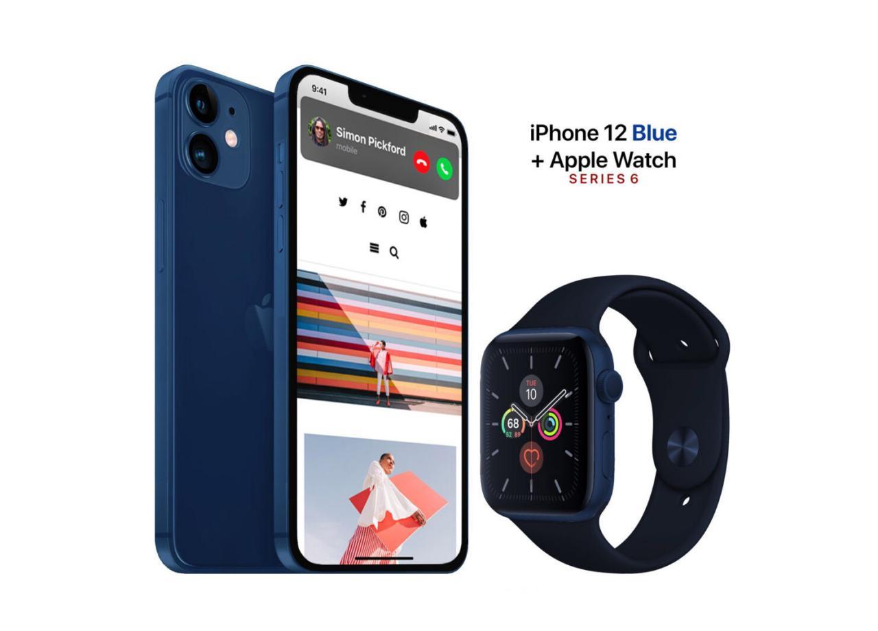 iPhone  12 Max/Apple  Watch  Series  6均以深蓝色显示，详细概念图