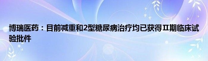 博瑞医药：目前减重和2型糖尿病治疗均已获得Ⅱ期临床试验批件